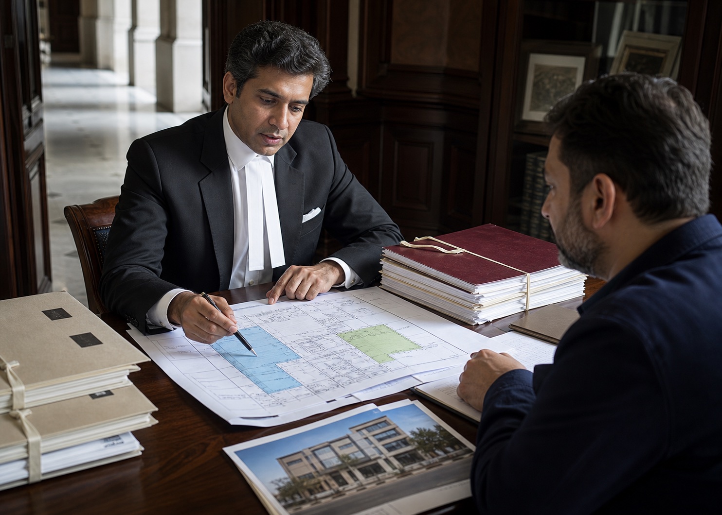 A Pakistani civil lawyer reviewing disputed property boundaries, contract files and photographic evidence with a client.