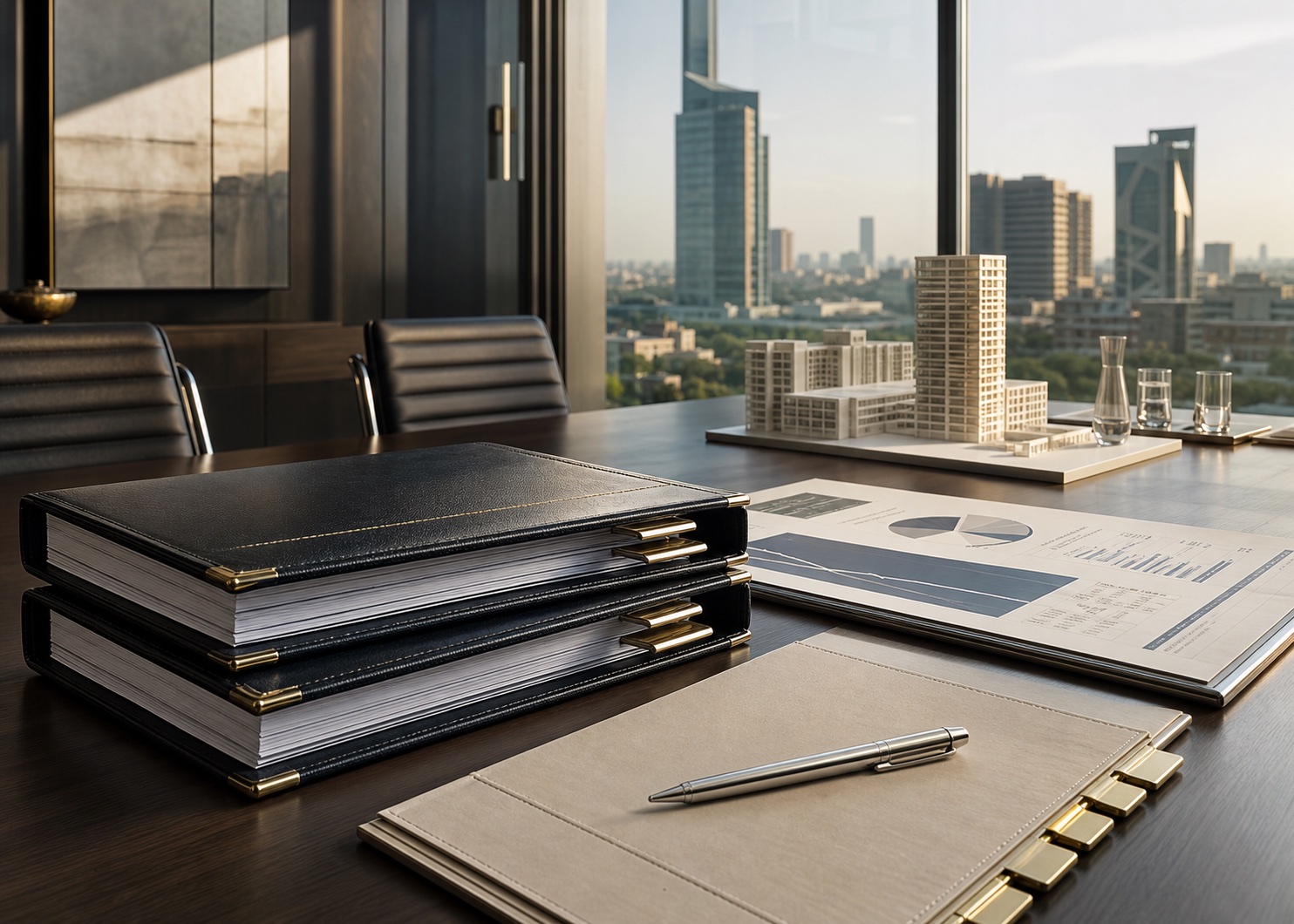 Transaction binders, financial analysis and an architectural model in a boardroom, representing corporate and banking transactions.