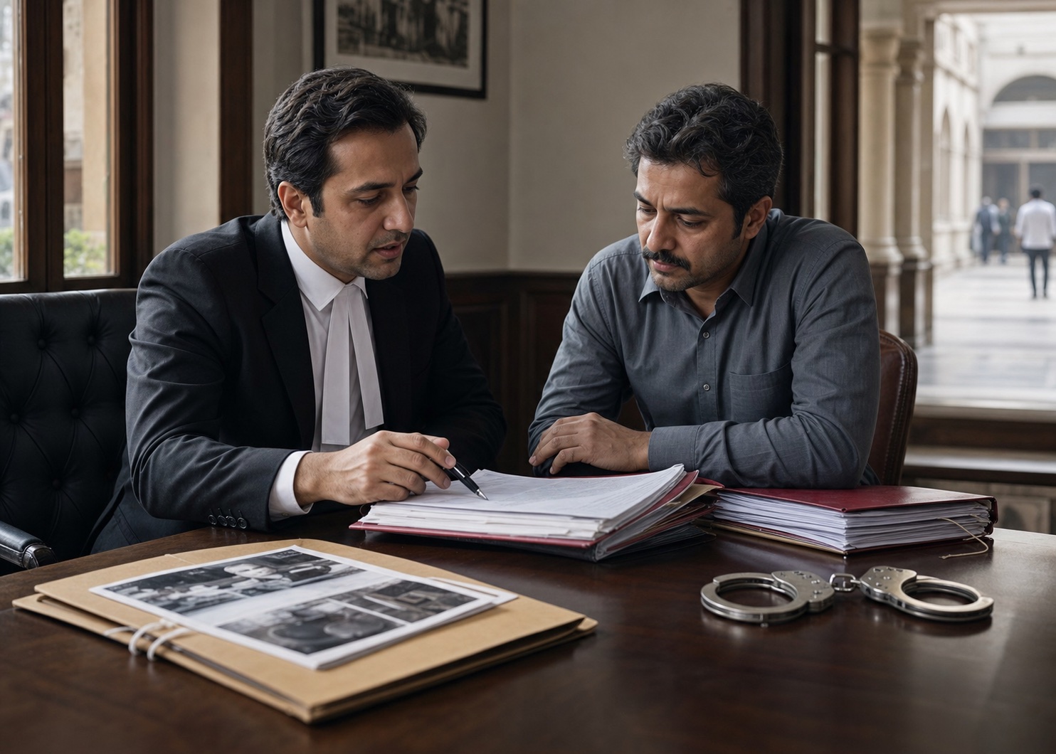 A Pakistani criminal-defence lawyer preparing a bail case with a client, evidence file and unused handcuffs on the table.