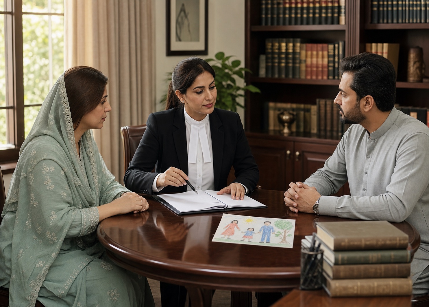 A Pakistani family lawyer guiding two parents through a child-custody and family settlement consultation in Lahore.