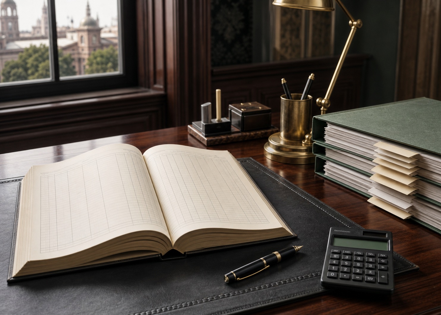 An open financial ledger, calculator and organised assessment files representing tax analysis, audits and appeals.