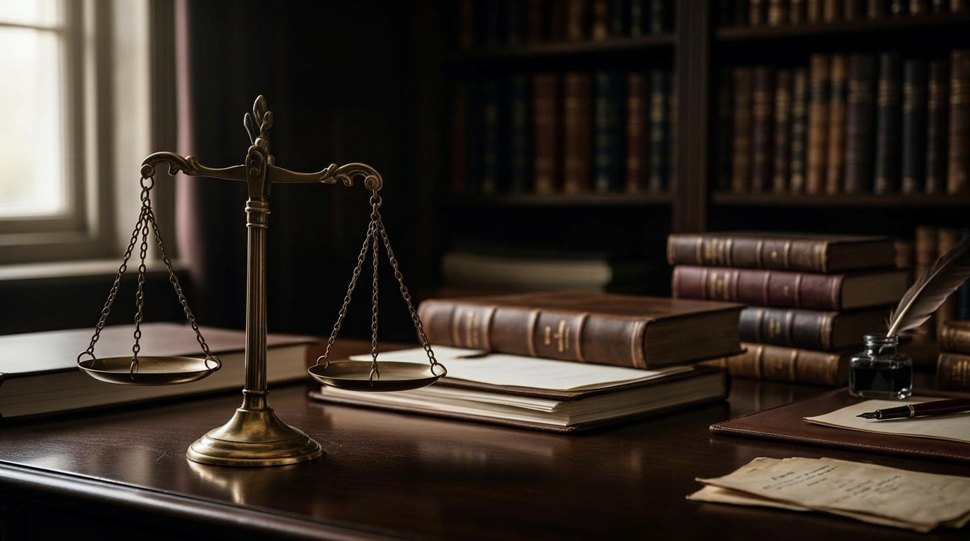 Brass scales of justice resting on a dark walnut desk in a barrister's chambers.